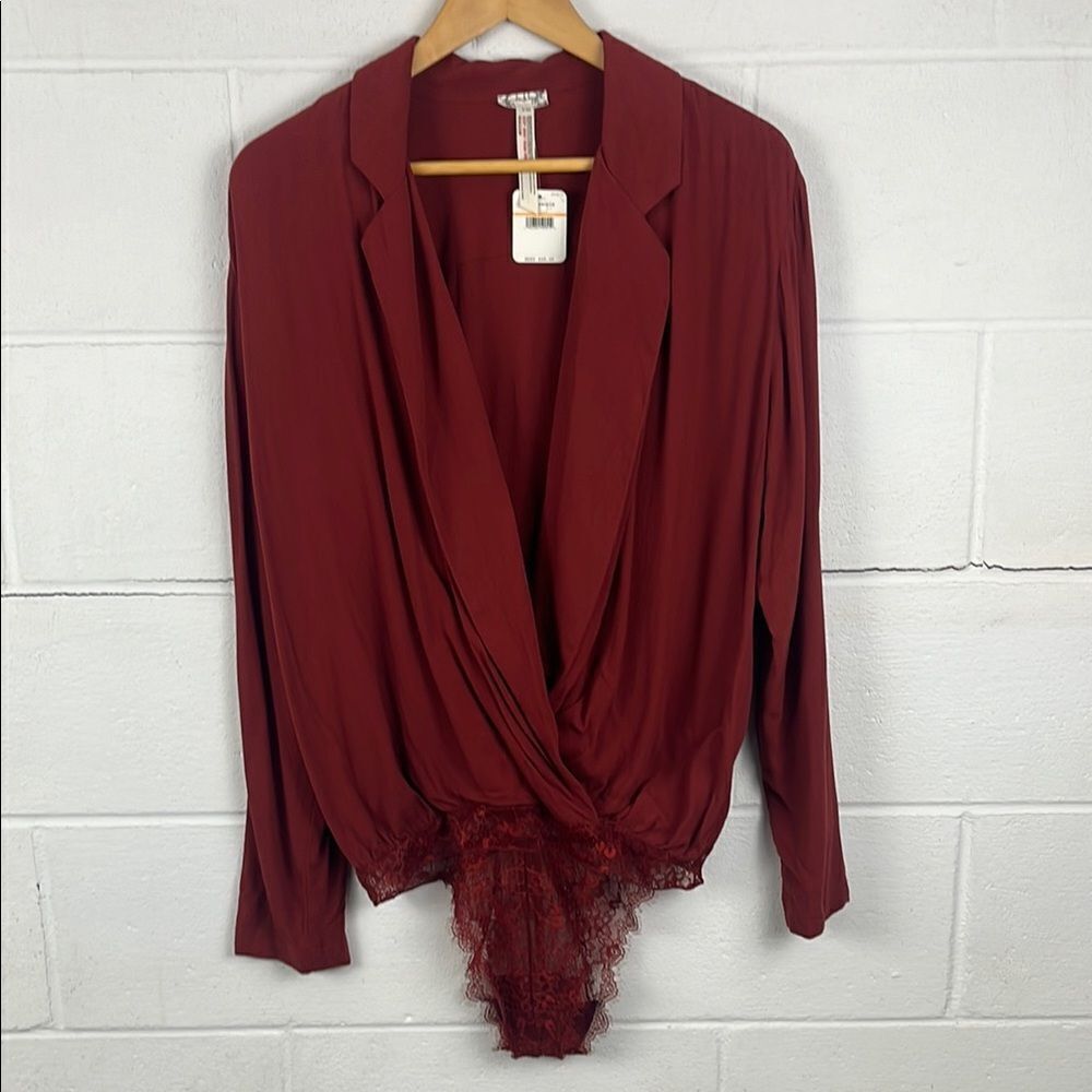 Free People Elsa lace inset deep vneck long sleeve oversized terracotta bodysuit